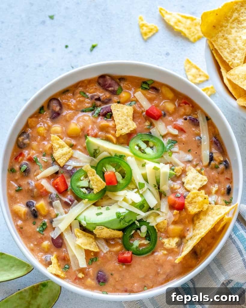 Easy and Hearty Creamy Vegetarian Tortilla Soup 2 top view of tortilla soup in a white bowl