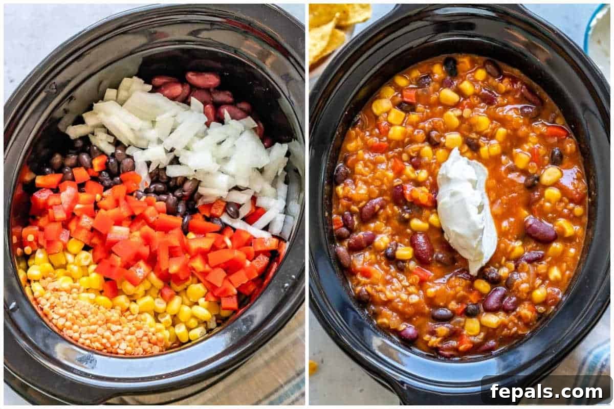 Easy and Hearty Creamy Vegetarian Tortilla Soup 4 process shot to make tortilla soup in the crockpot.