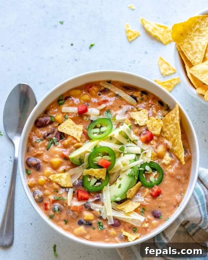 Easy and Hearty Creamy Vegetarian Tortilla Soup 5 a spoon next to a white bowl of tortilla soup