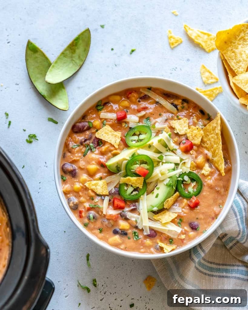 Easy and Hearty Creamy Vegetarian Tortilla Soup 6 top view tortilla soup in a white bowl with lime wedges on the side