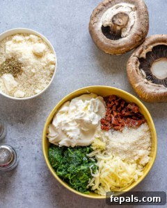Rustic Tuscan Stuffed Mushrooms 14 ingredients for cream cheese stuffing in a round bowl.