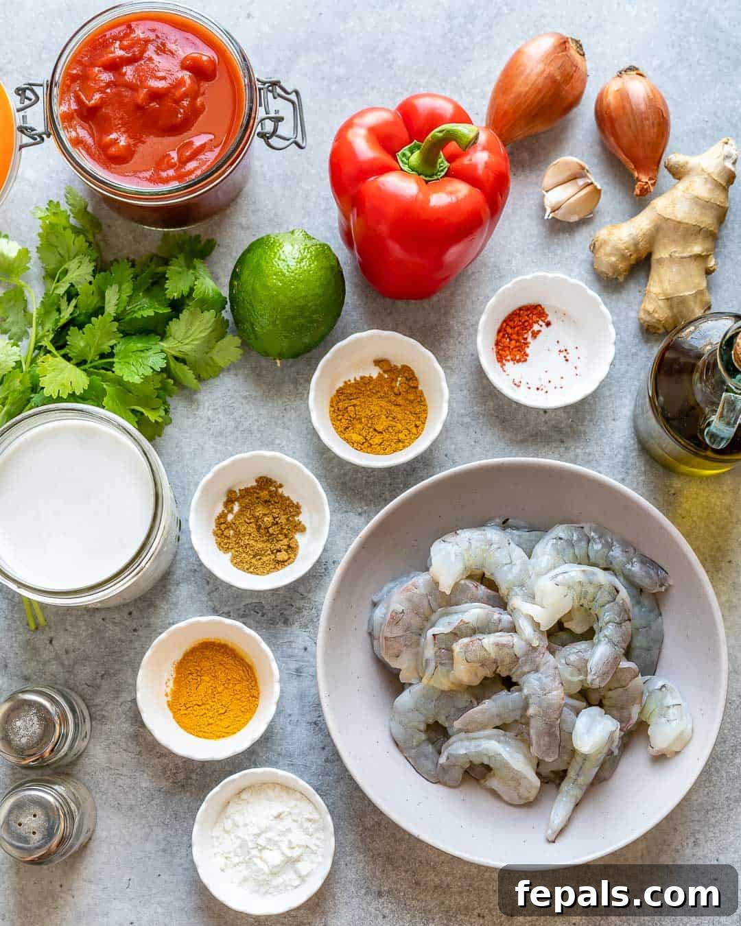 Creamy Coconut Shrimp Curry 4 Various fresh ingredients for shrimp curry laid out on a kitchen counter, including shrimp, vegetables, and spices
