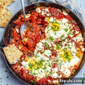 top view shakshuka in black pan