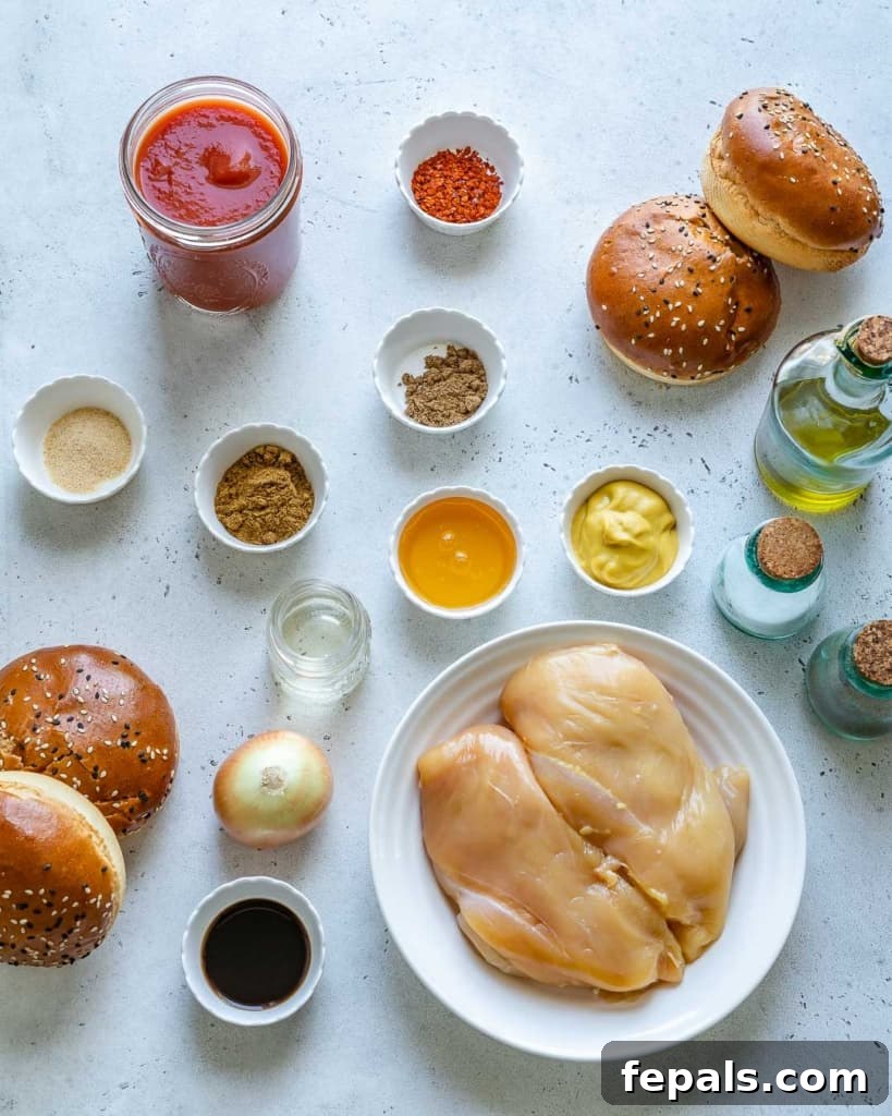 Ingredients for pulled chicken burger on surface