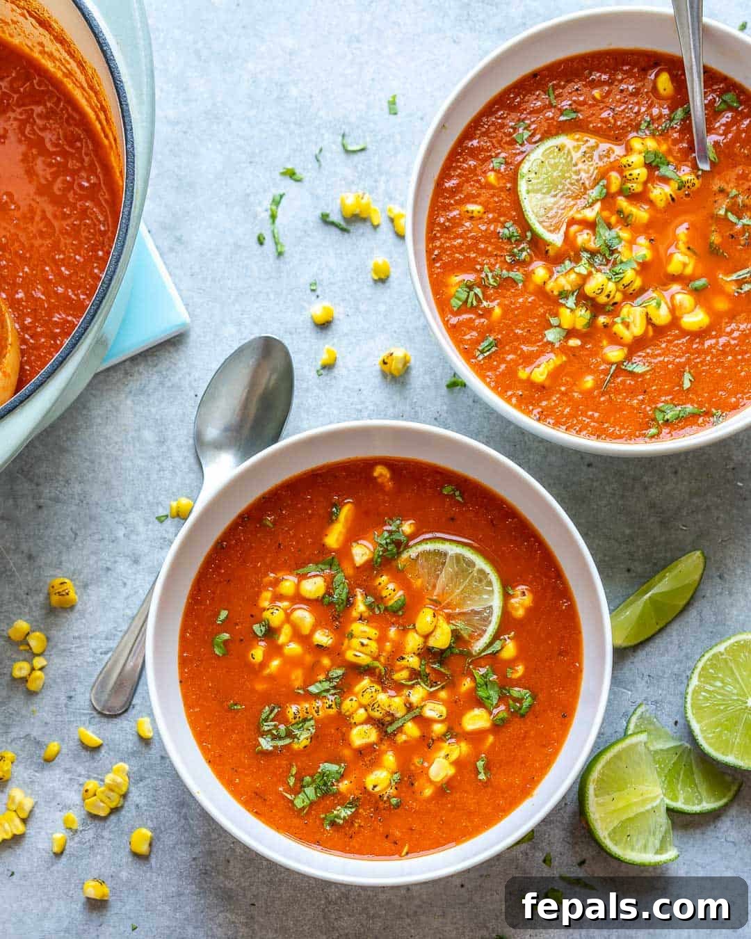 Creamy Mexican Street Corn Soup 7 Two bowls of Mexican Sweet Corn Soup, elegantly served with spoons and lime wedges, showcasing its inviting presentation.
