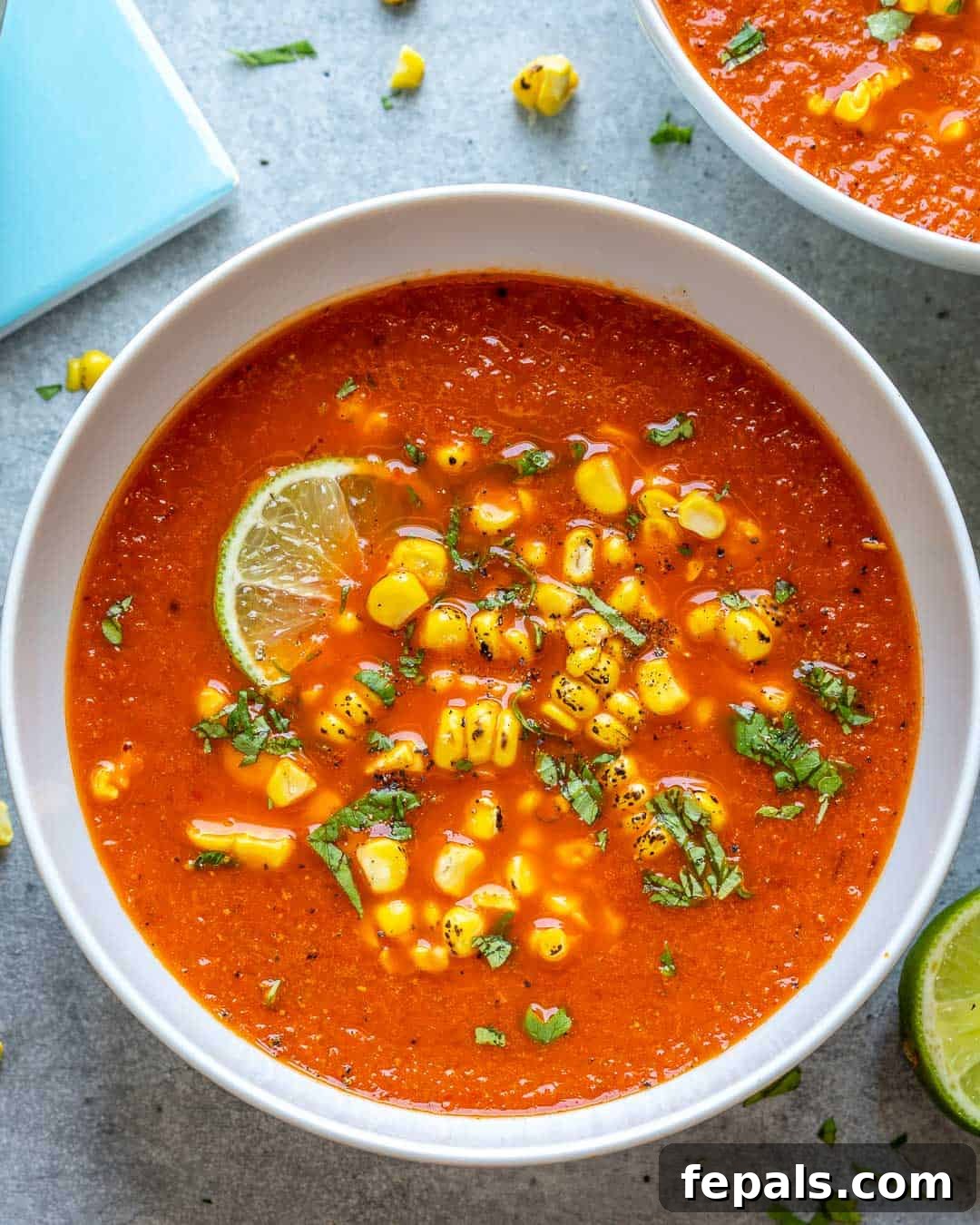 Creamy Mexican Street Corn Soup 9 A top-down view of a bowl of creamy corn soup, showcasing its smooth texture and appetizing appeal.