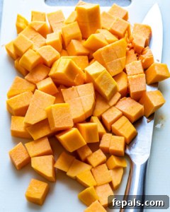chopped butternut squash on a platter