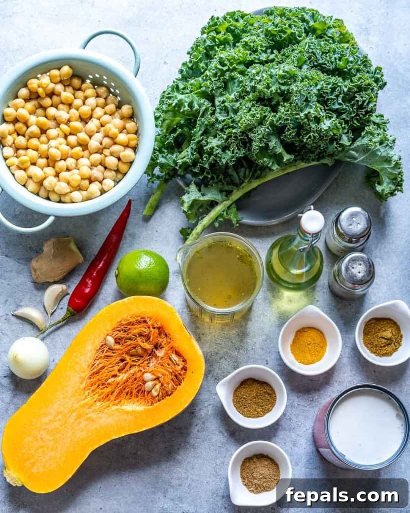 Top-down view of ingredients for the buttnutsquash