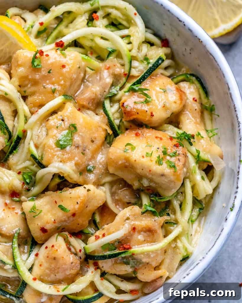 close up chicken scampi on zoodles 