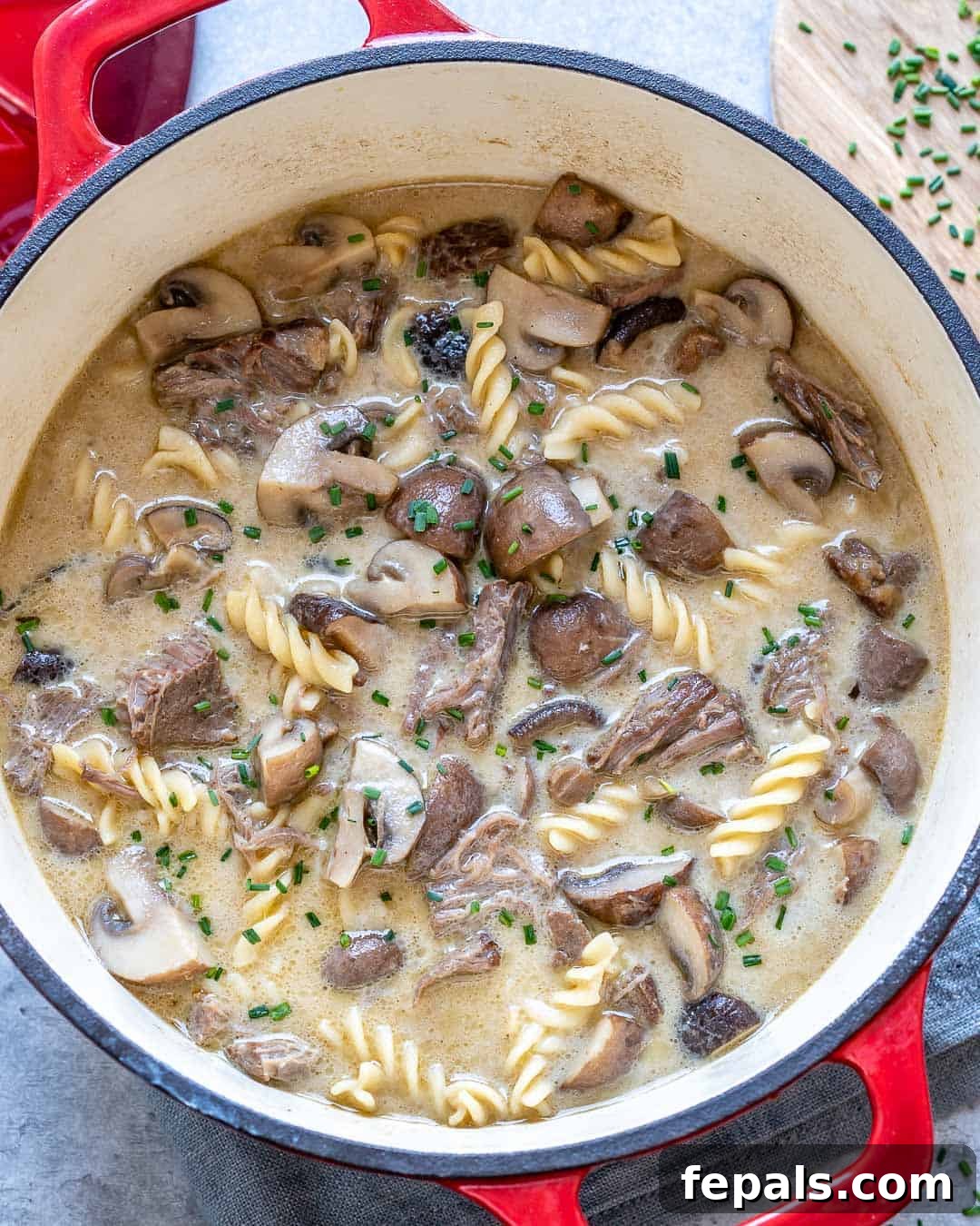 Heartwarming Beef Stroganoff Soup 2 top view of stroganoff soup in red pot
