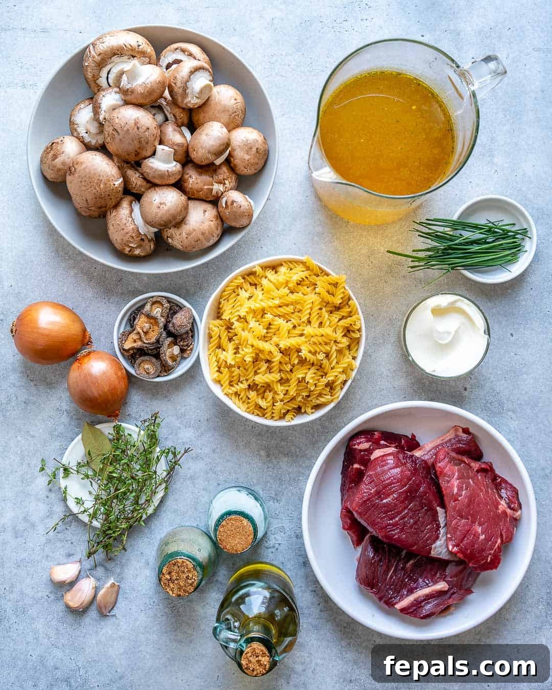 Heartwarming Beef Stroganoff Soup 4 Ingredients for beef stroganoff soup on counter