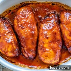 Glazed BBQ Chicken Breast 5 top view bbq chicken breast in white dish