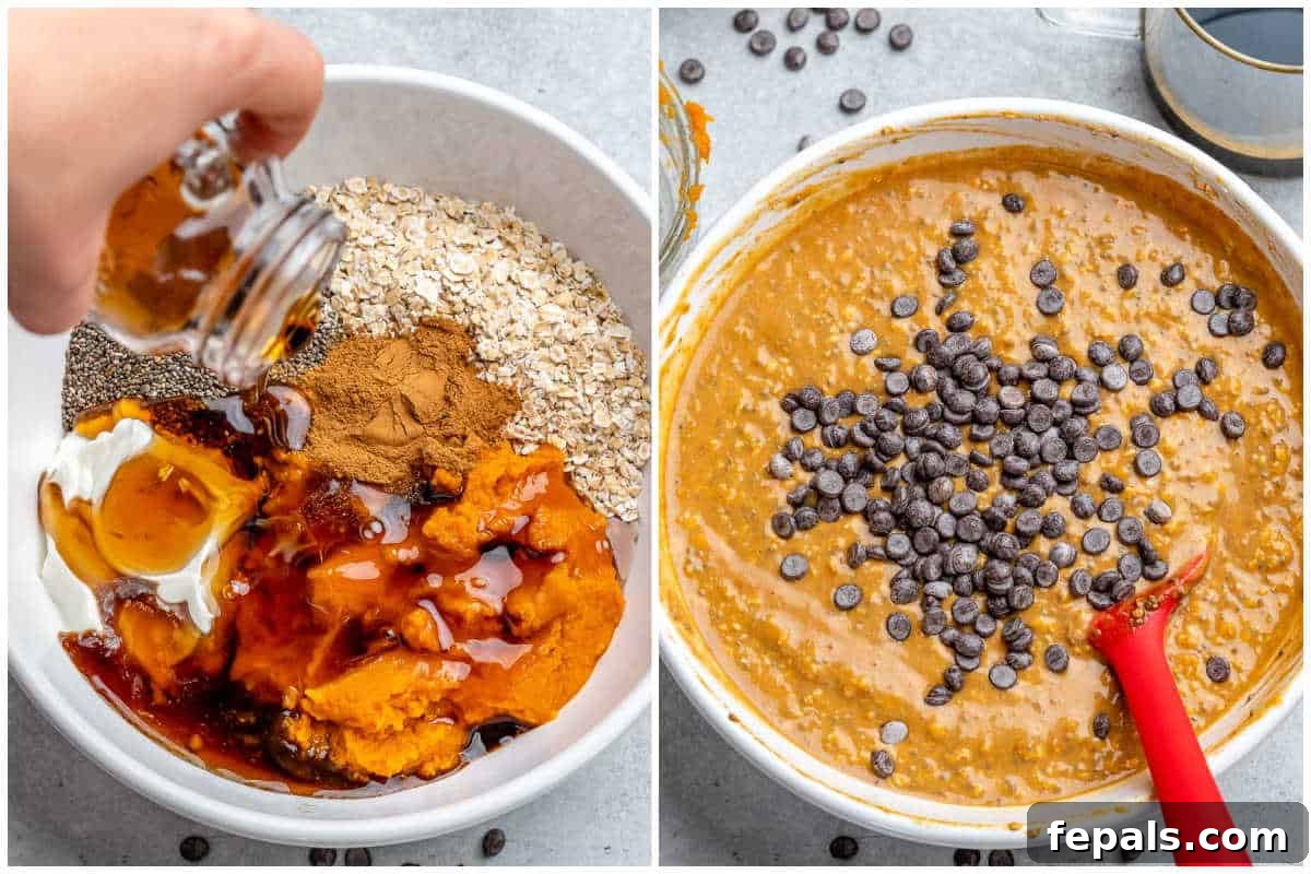process shot of making overnight oats with pumpkin and chocolate chips.