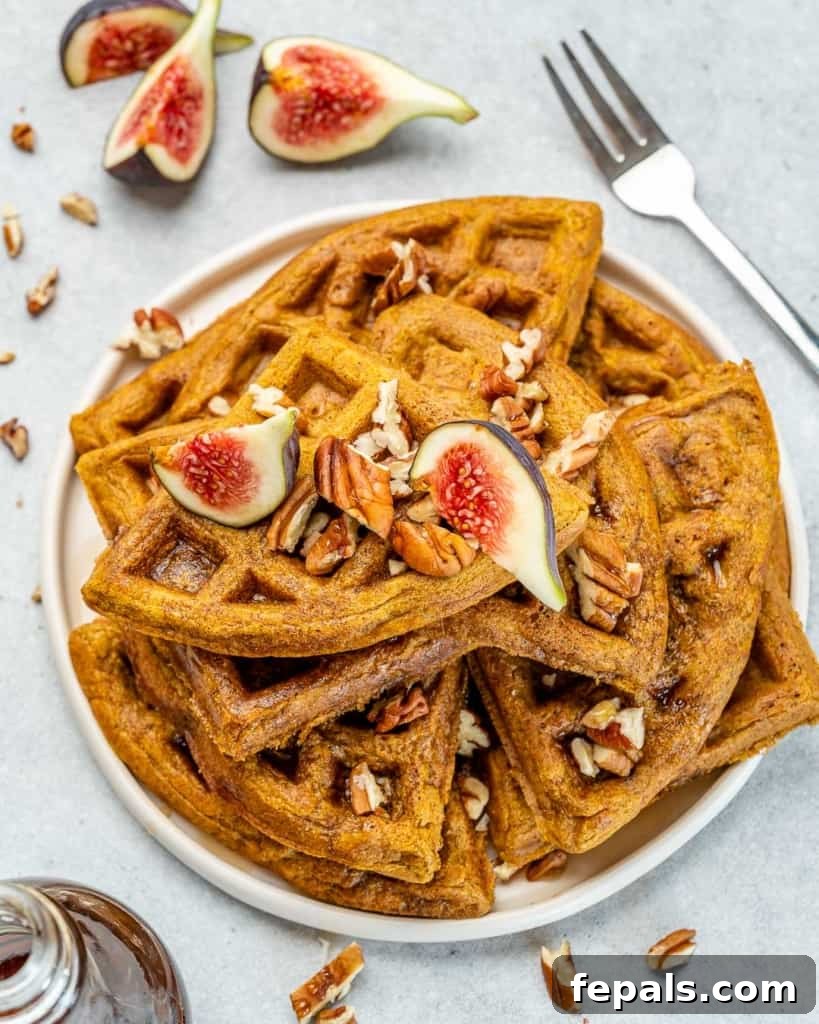 Wholesome Pumpkin Waffles 2 Top view of fluffy homemade pumpkin waffles topped with fresh figs and a light dusting of powdered sugar, ready for a delicious fall breakfast.