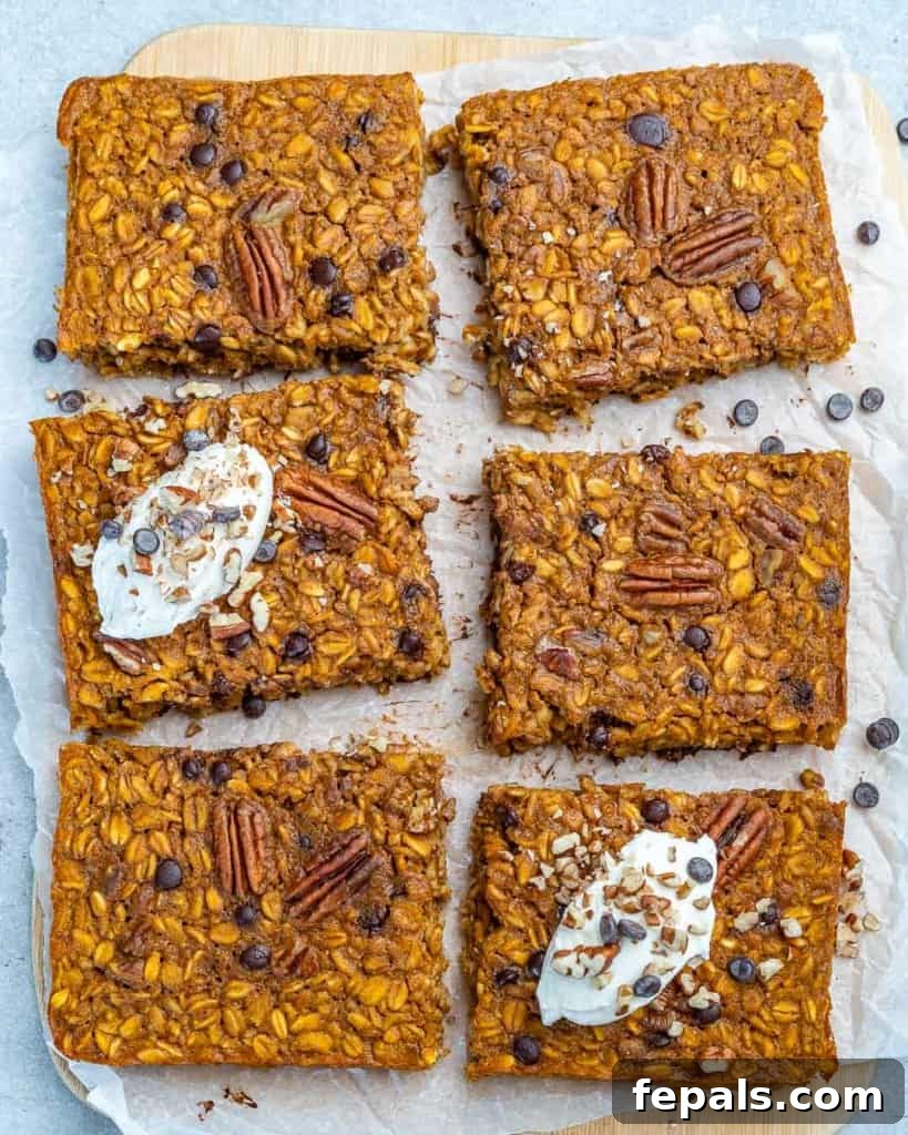 Spiced Pumpkin Chocolate Chip Breakfast Bake 2 top view of 6 pieces pumpkin oatmeal baked squares
