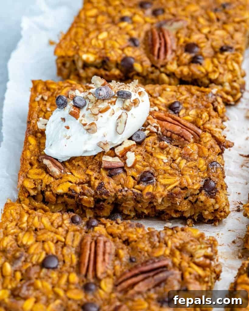 Spiced Pumpkin Chocolate Chip Breakfast Bake 8 side view of oatmeal baked square bars