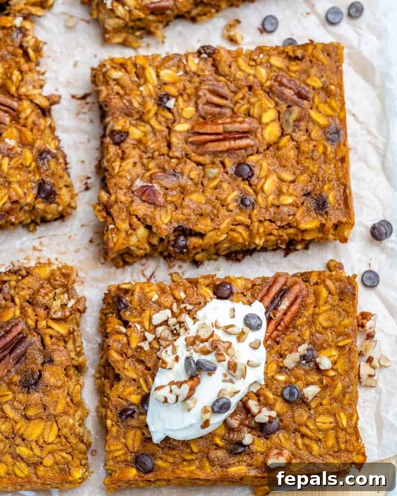 Spiced Pumpkin Chocolate Chip Breakfast Bake 9 top view oatmeal bake with yogurt garnish