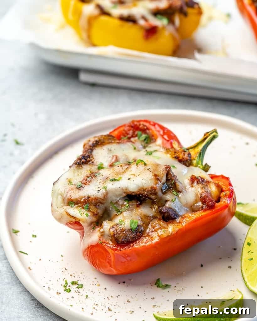 Fiesta Keto Steak Stuffed Peppers 11 A vibrant bell pepper, generously filled with savory stuffing, displayed elegantly on a plate.