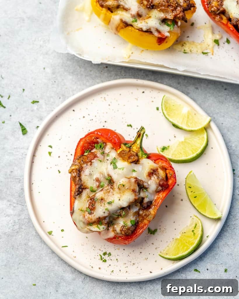 Fiesta Keto Steak Stuffed Peppers 3 Top down view of colorful keto taco stuffed peppers on a pristine white plate, garnished with fresh herbs.