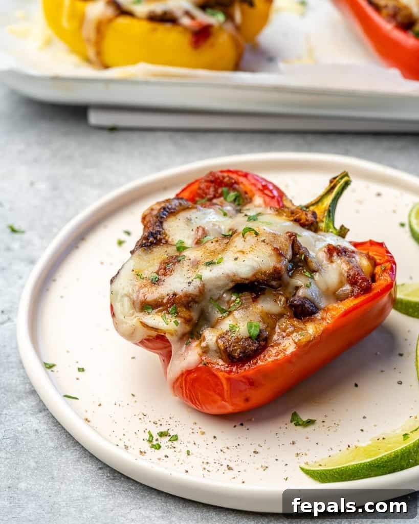 Fiesta Keto Steak Stuffed Peppers 9 A single red stuffed pepper presented on a white plate with a fresh wedge of lime, highlighting its vibrant color.