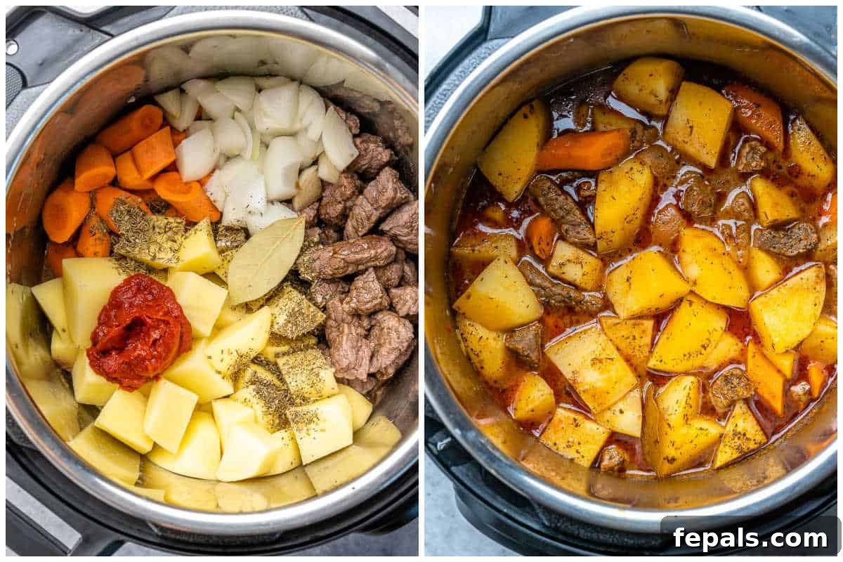 Hearty Instant Pot Beef Stew 4 process shot of adding the ingredients in the Instant Pot to make beef stew.