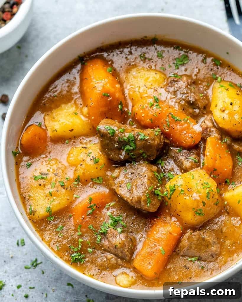 Hearty Instant Pot Beef Stew 5 Overhead shot of beef stew in a white bowl.