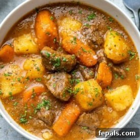 top view of beef stew in a white bowl