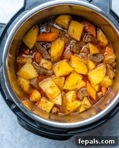 Hearty Instant Pot Beef Stew 8 Top down view of instant pot beef stew, in an instant pot.