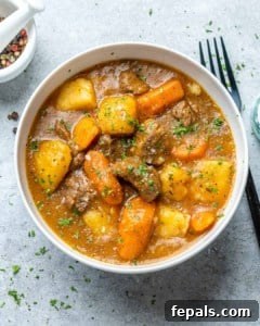 Hearty Instant Pot Beef Stew 9 A bowl of instant pot beef stew with a fork on the side.
