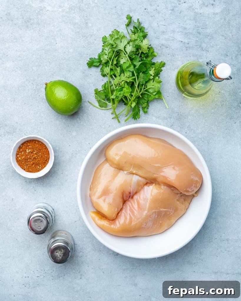 Arrangement of fresh ingredients including chicken breast, lime, cilantro, and spices for cilantro lime chicken bites