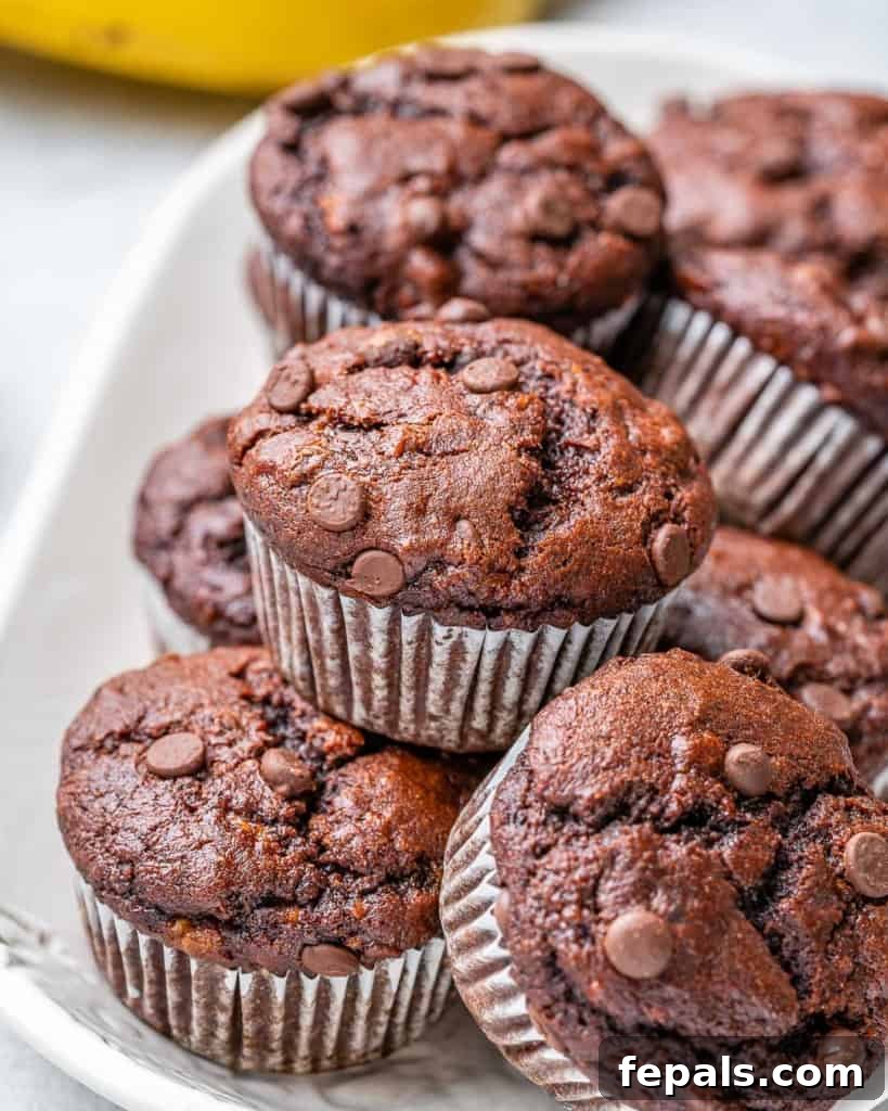 Close-up side view of healthy chocolate peanut butter banana muffins on a white plate, showcasing their fluffy texture.