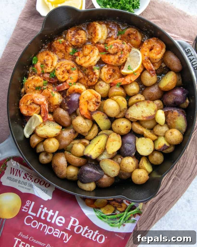 Golden Honey Mustard Shrimp and Crispy Potatoes 2 top view shrimp and potatoes in skillet