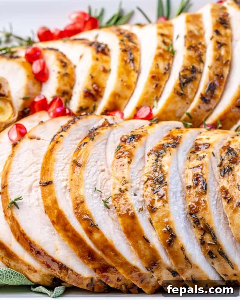 side view of sliced cooked turkey breast on a plate 