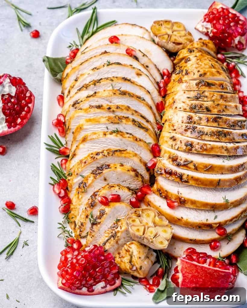 Tender Maple Glazed Boneless Turkey Breast 3 top view of sliced turkey breast on white plate s
