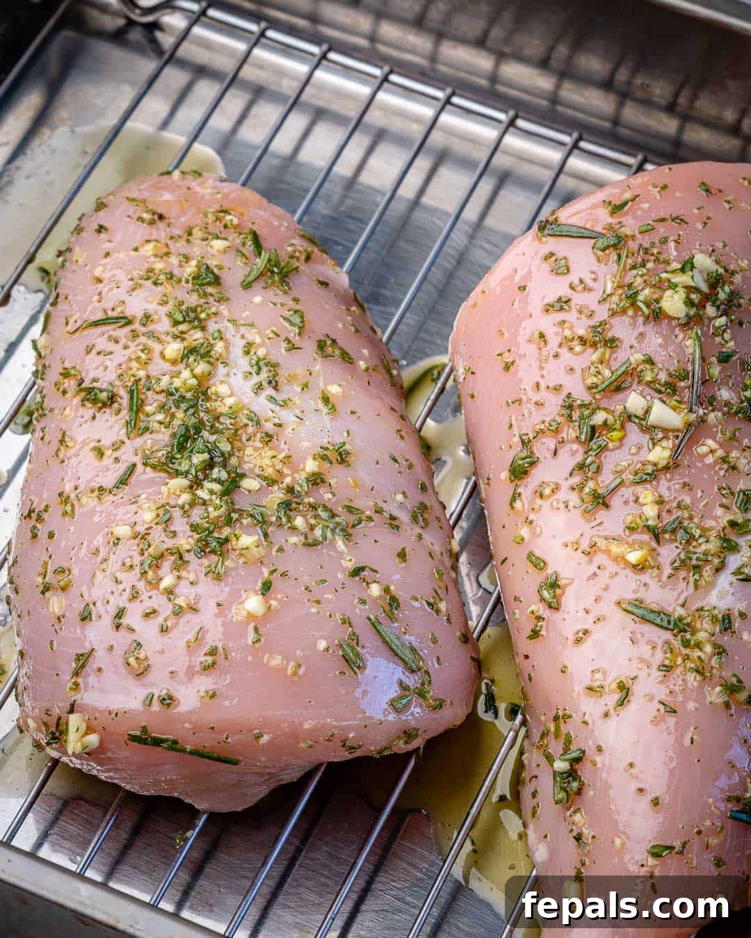 Turkey breast covered in herbs on roasting rack