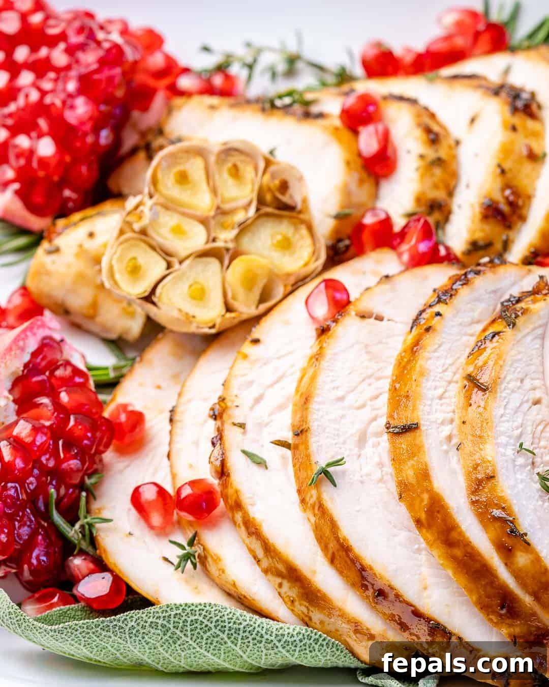 Sliced roasted turkey breast with pomegranates and garlic