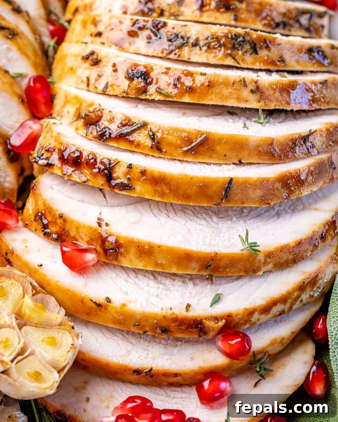 Close view of sliced turkey breast with pomegranate seeds sprinkled on top