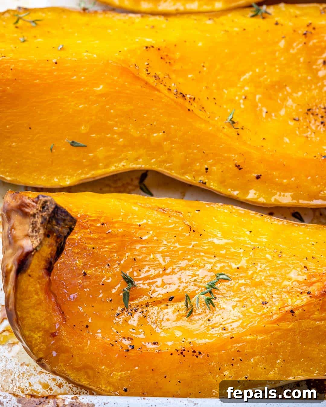 Golden Roasted Butternut 8 Close-up view of roasted butternut squash with golden brown caramelized edges, indicating perfect doneness.