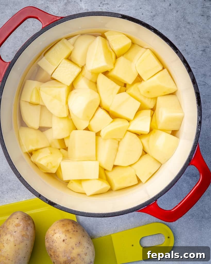 Top down shot of potato chunks in a red pot, ready for cooking.