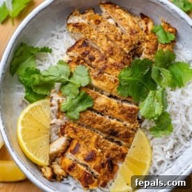 Flavorful Tandoori Chicken Made Easy 12 top view of sliced tandoori chicken over white rice