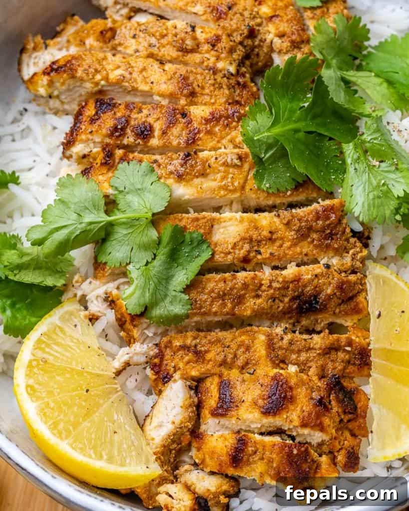 Flavorful Tandoori Chicken Made Easy 3 close up tandoori chicken with rice in a bowl