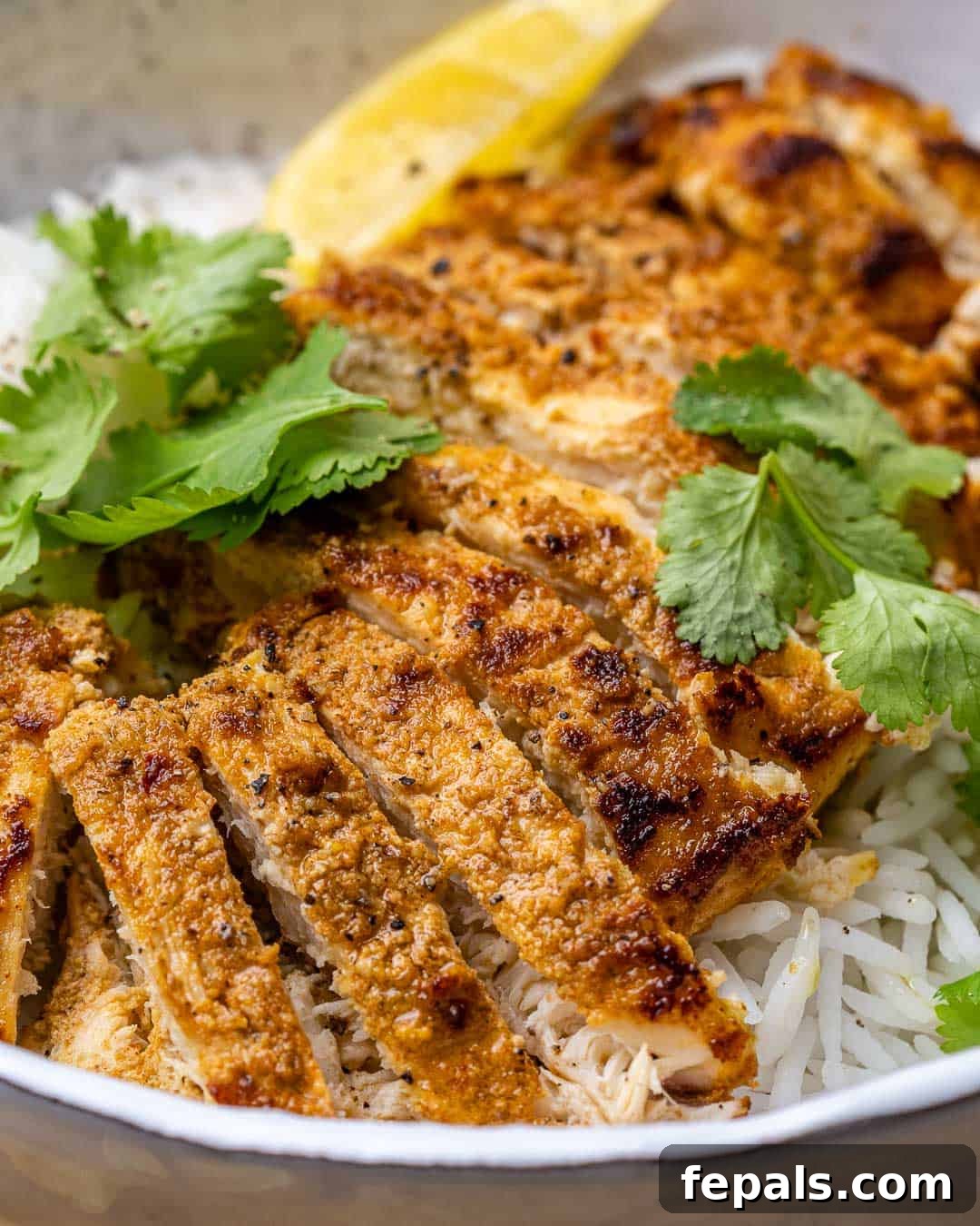 Flavorful Tandoori Chicken Made Easy 9 Close view of sliced tandoori chicken served over rice with cilantro garnish