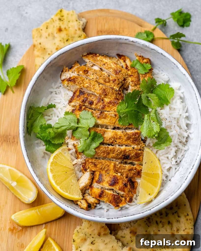 Flavorful Tandoori Chicken Made Easy 10 top view of a white bowl with white rice and sliced tandoori chicken