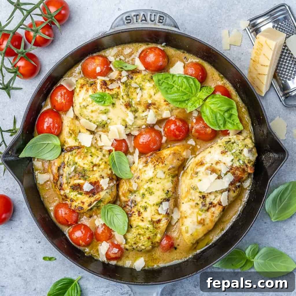 Irresistible Pesto Chicken 2 top view of pesto chicken and tomatoes in a black skillet with basil garnished