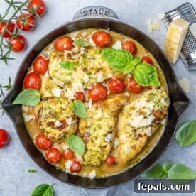 top view of pesto chicken and tomatoes in a black skillet with basil garnished