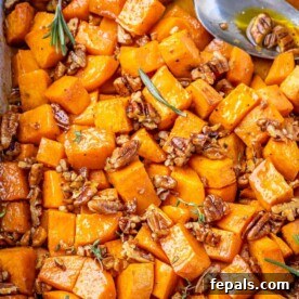 Top down view of roast sweet potatoes.
