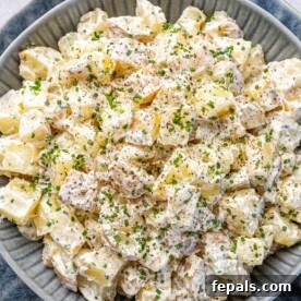 Simple Zesty Mustard Potato Salad 11 top view potato salad in gray bowl