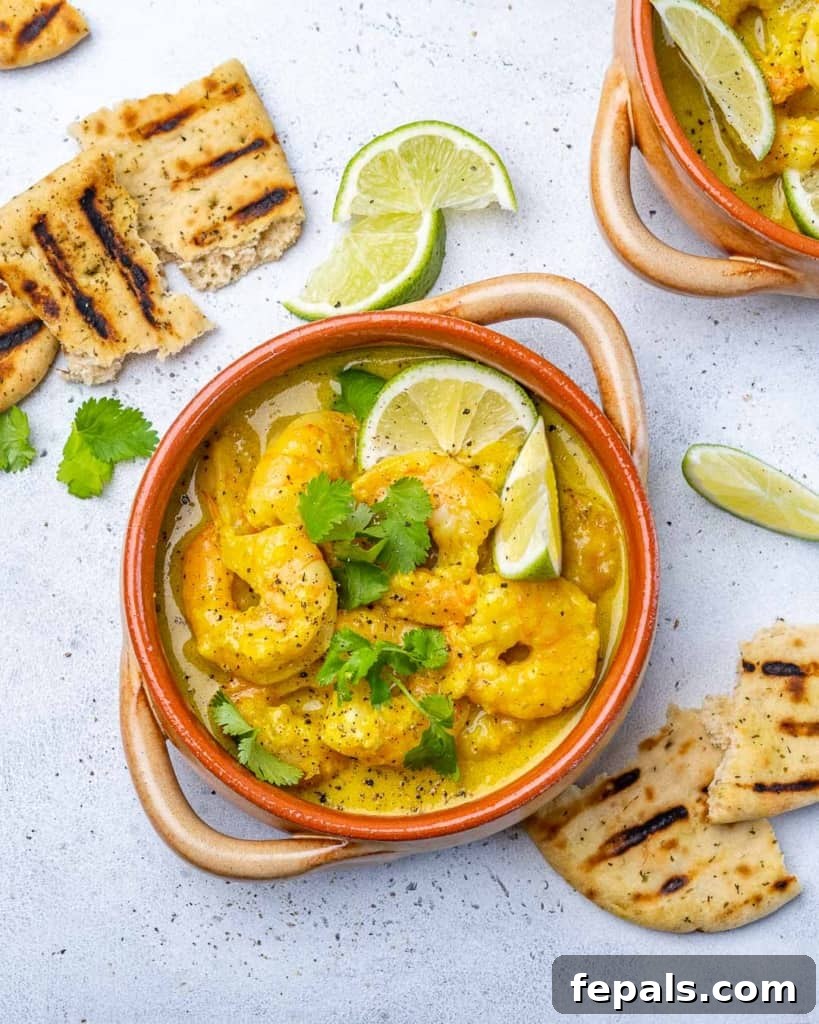 Creamy Coconut Green Curry with Shrimp 9 top view of shrimp curry in a bowl