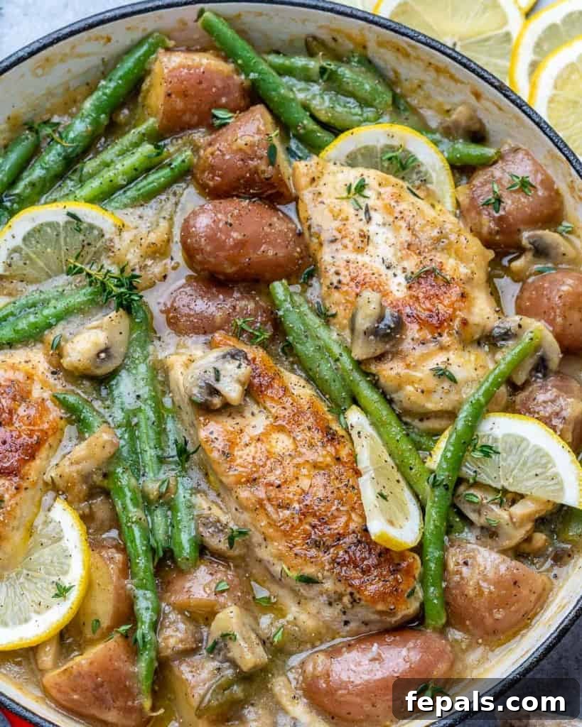 close up chicken skillet with beans and potatoes topped with lemon garnish