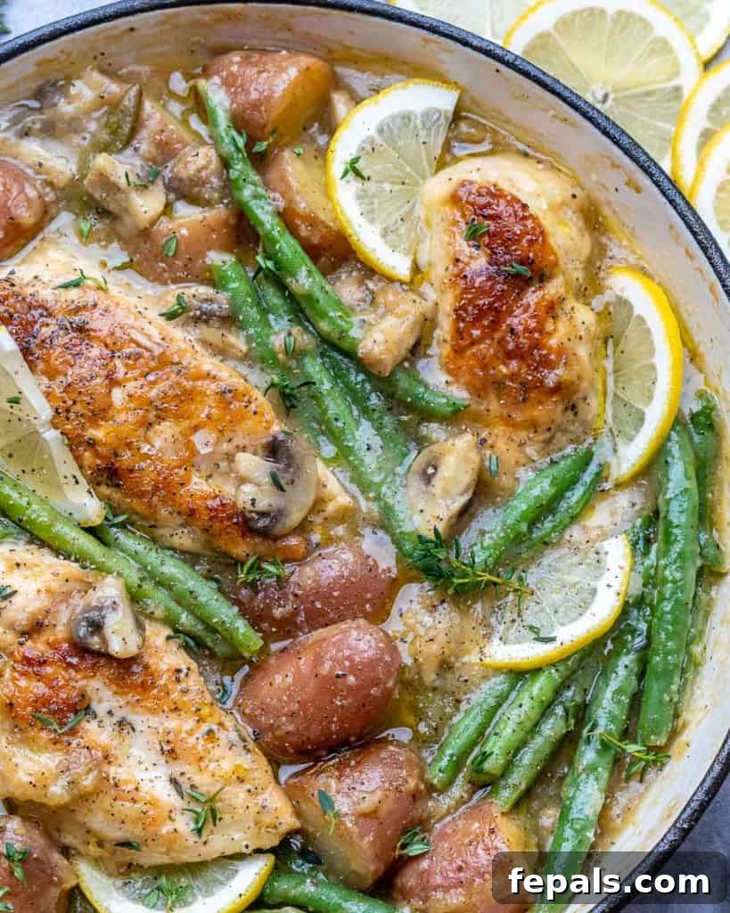 close up chicken breast cooked in a skillet with beans and potatoes 